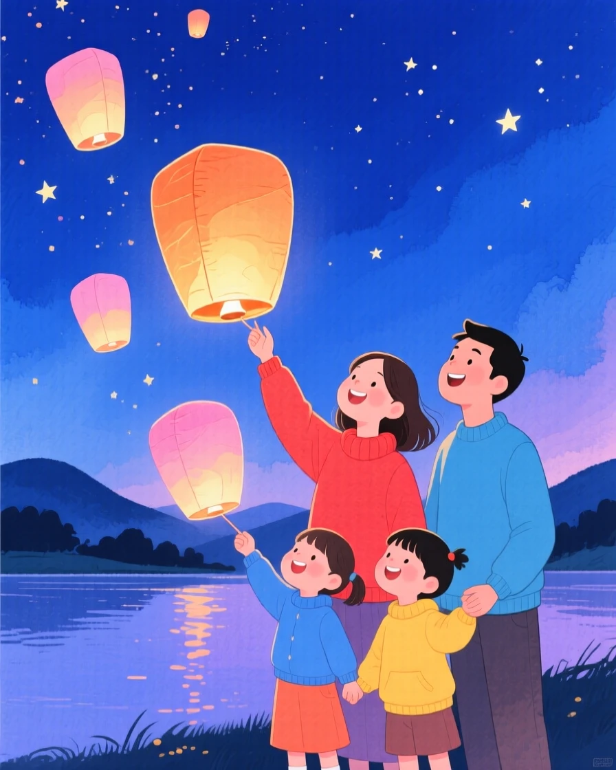 A joyful scene of a family releasing lanterns into the night sky.