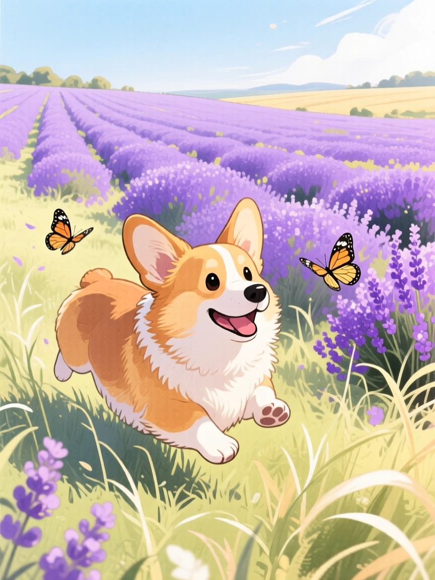 A playful corgi chasing butterflies through tall grass, set in a lavender field stretching to the horizon, radiating pure innocent joy.