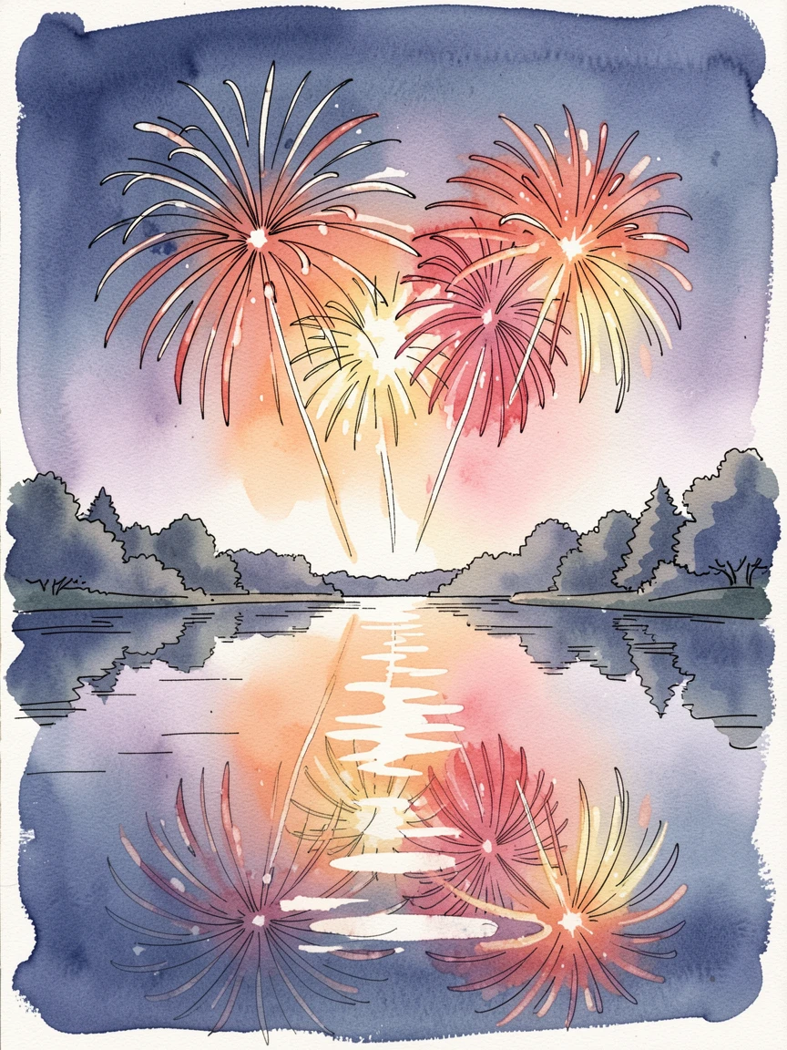 A summer fireworks show reflected in a calm lake, a nostalgic, comforting atmosphere settling over the scene.