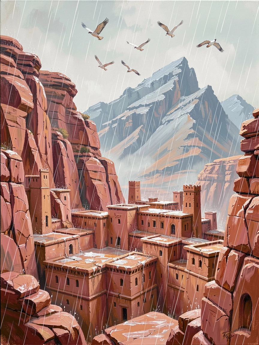 A vast desert citadel carved into rose-colored cliffs, birds circling above the weathered rooftops, with mountains rising dramatically in the background, during a light rain, colors deepening across wet stone.