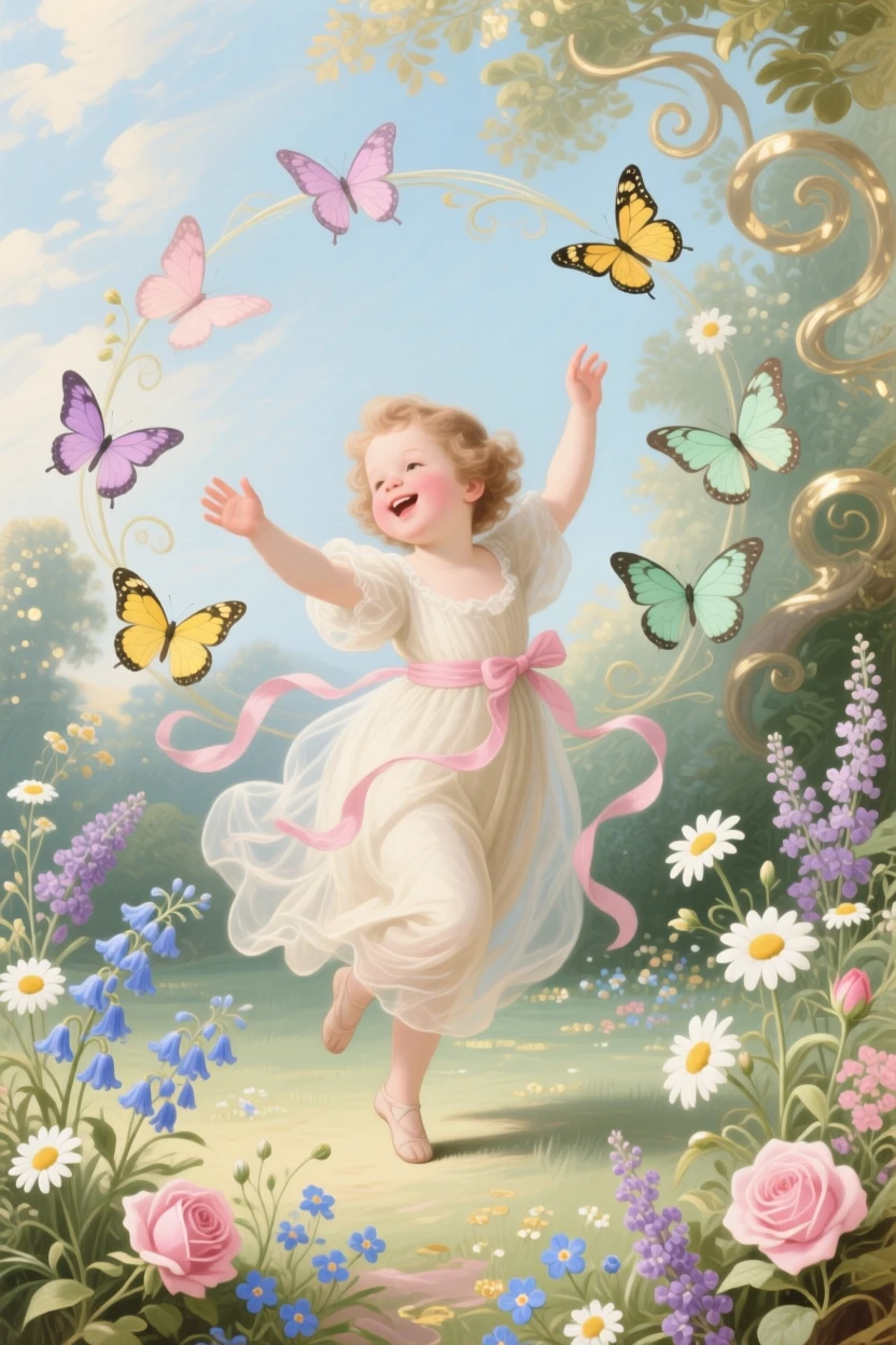 A child representing joy, dancing in a circle of butterflies and wildflowers  