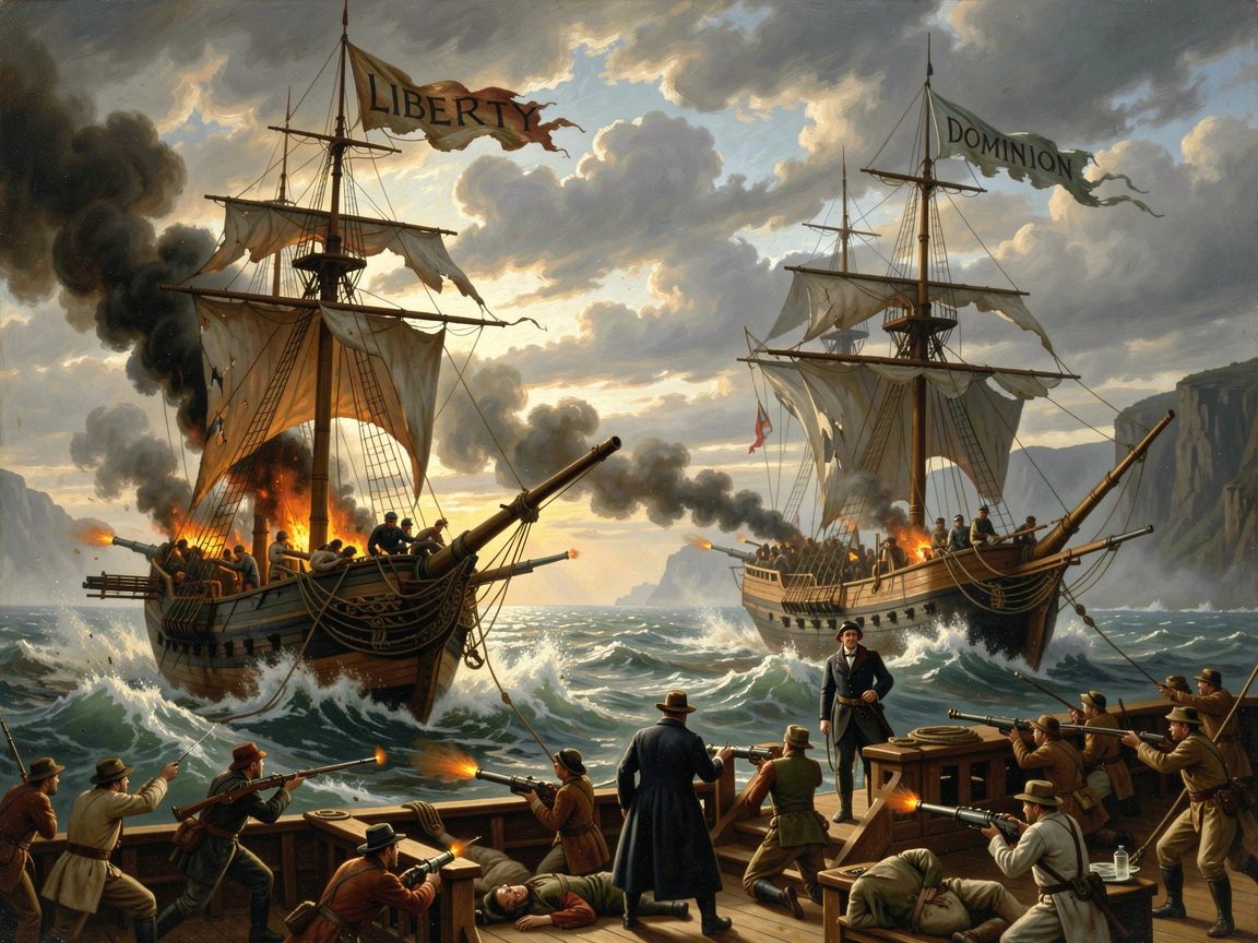 A naval battle unfolds between two great warships on open water.