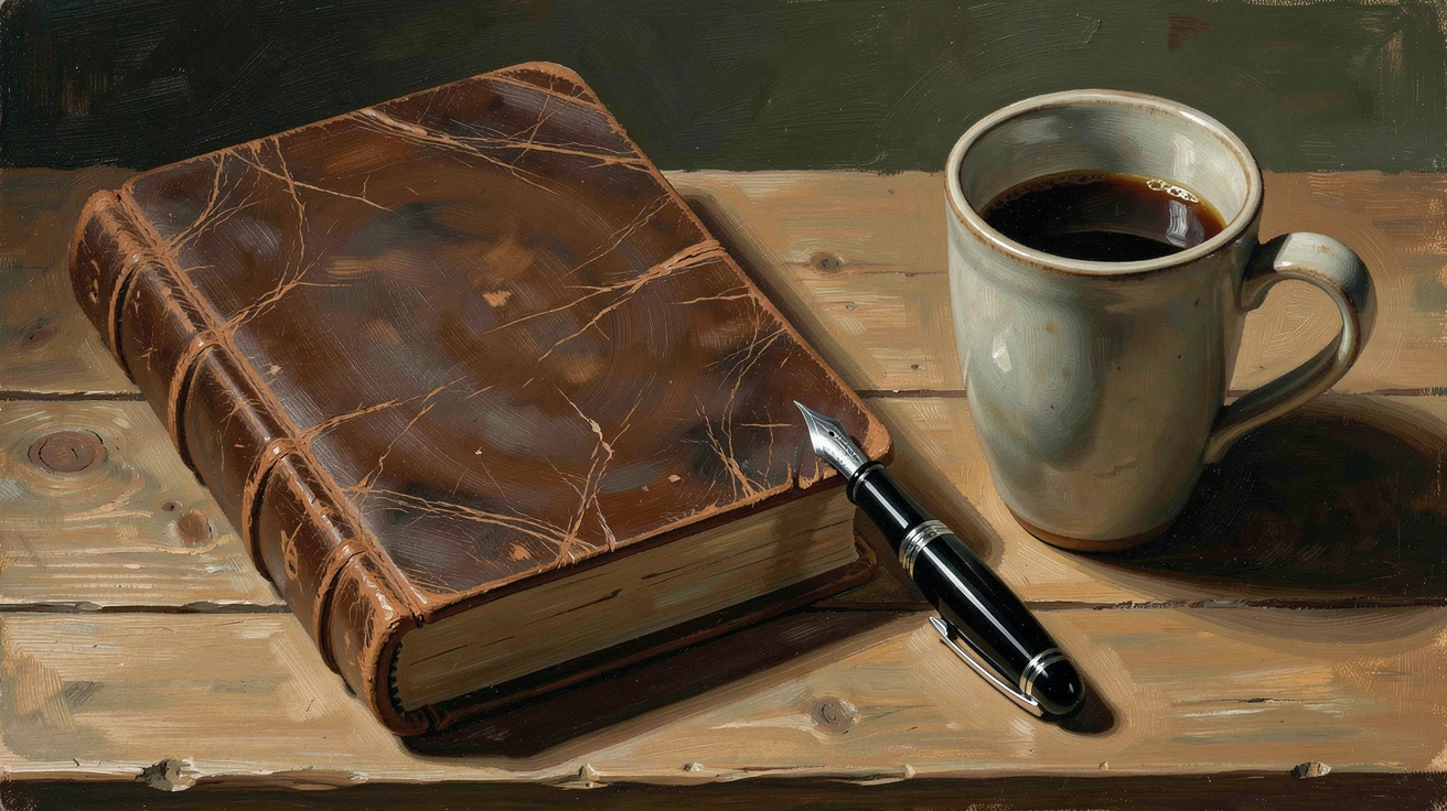A leather journal and fountain pen resting beside a cup of coffee, with soft, warm light highlighting every fine texture and detail, capturing timeless beauty through carefully chosen objects