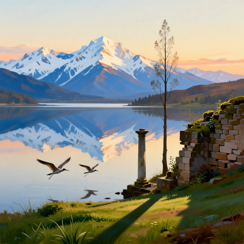 A tranquil lake reflecting snow-capped mountains at dawn glowing under the last light of a fading afternoon, set beside the remnants of an old stone wall or ruin, with birds gliding low over the water and long shadows stretching across the grass; a single striking element anchors an otherwise open, breathing composition, capturing a fleeting, golden moment worth preserving forever.