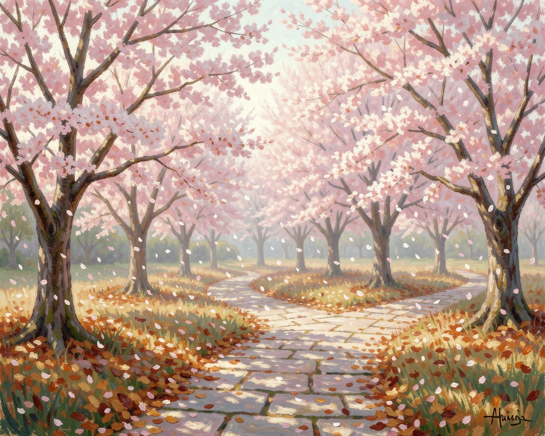 A field of cherry blossoms in full bloom, petals drifting like snow onto a stone garden path, as autumn leaves begin to fall, conveying a feeling of romance and tranquility.