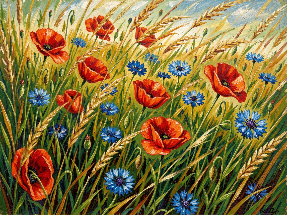 A meadow garden left wild, tall grasses mingling with poppies and cornflowers.