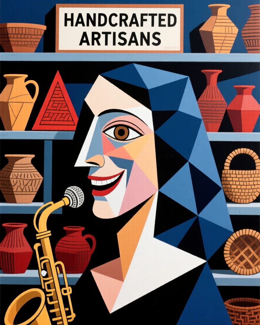 An intimate close-up of a jazz singer smiling gently beside shelves lined with handmade wares.