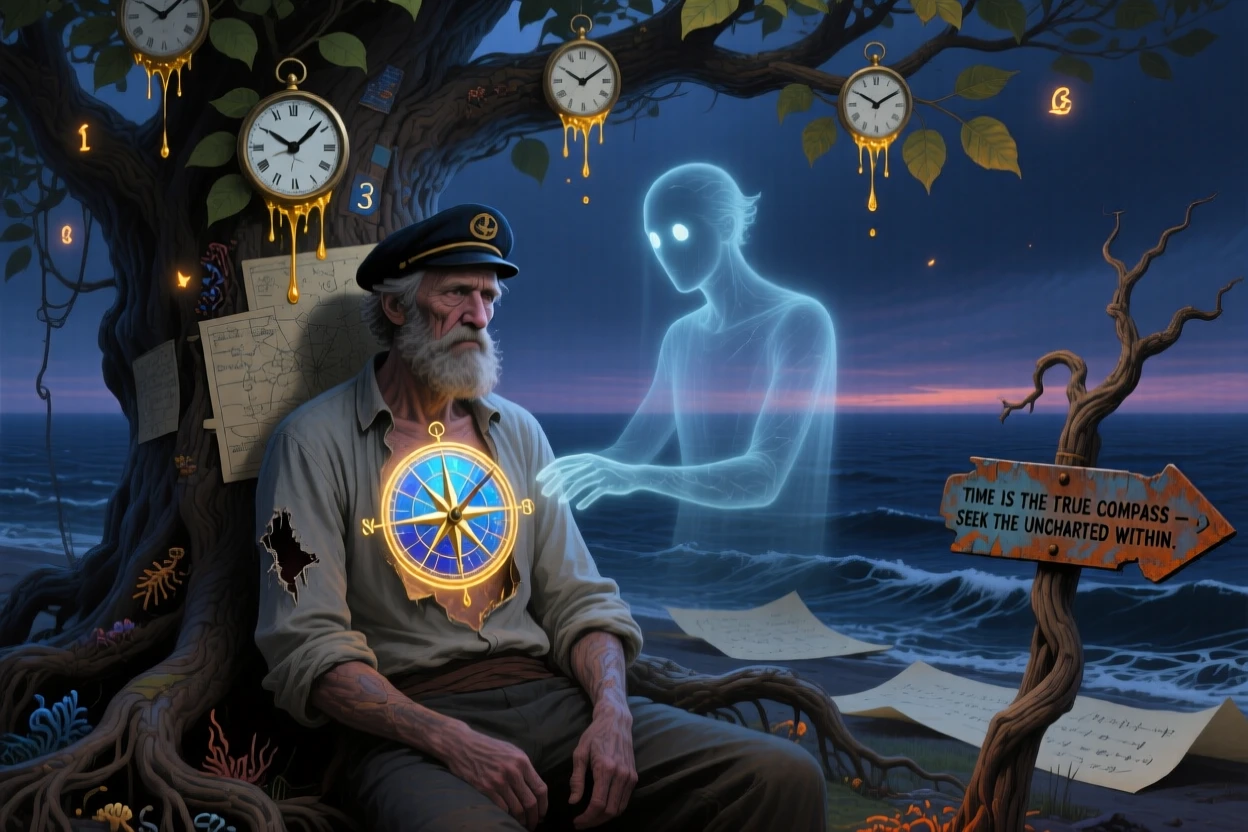 An old sailor with a compass embedded in his open chest sits beneath a tree whose leaves are made of clock faces, while a second, ghostly version of them lingers behind.