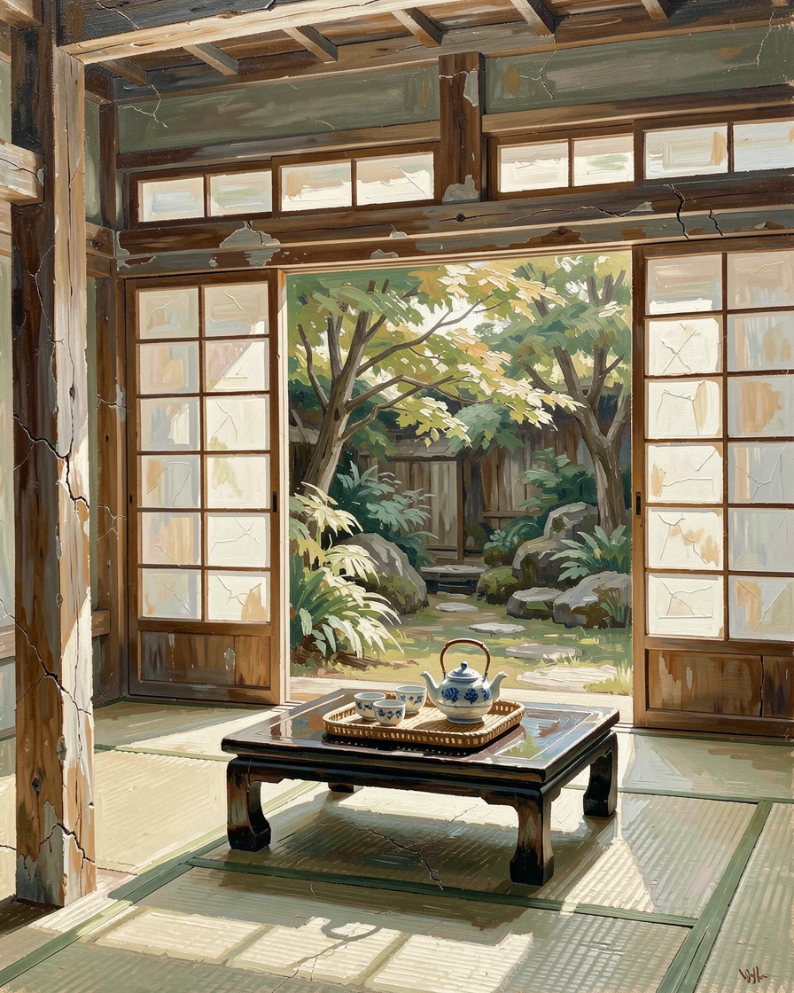 A traditional Japanese ryokan room shows tatami mats, a low table set for tea, and sliding shoji screens opening to a private garden, the play of light across weathered surfaces revealing decades of history in every wall.