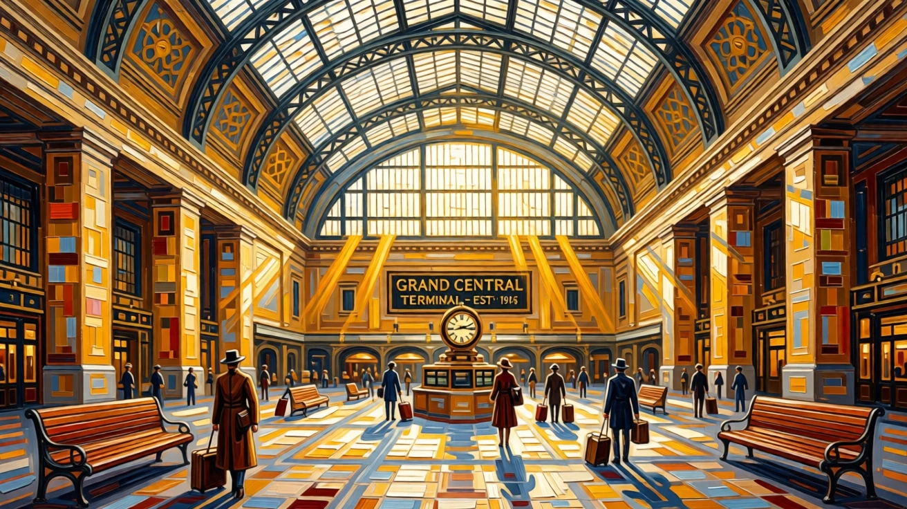 A grand old train station with sunlight pouring through an arched glass ceiling