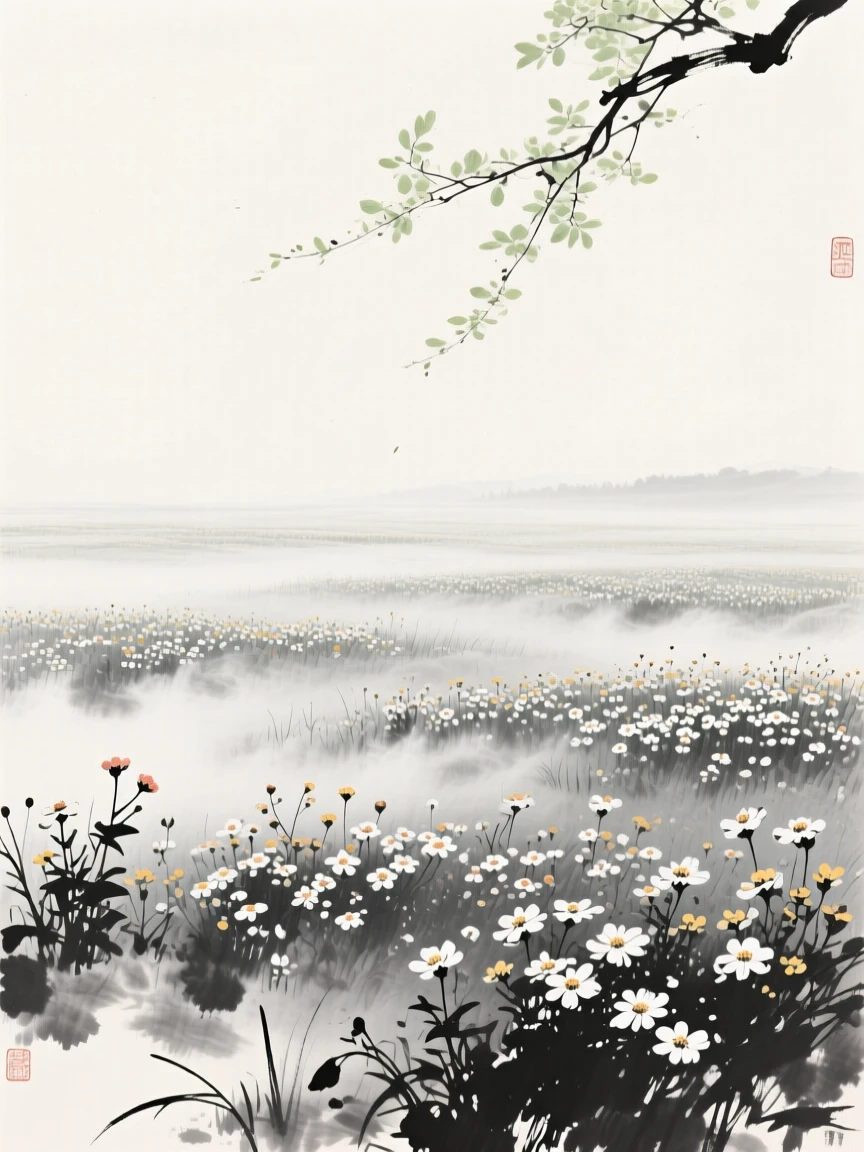 A meadow bursts with wildflowers beneath a pale spring sky, with mist rising softly from the awakening fields.