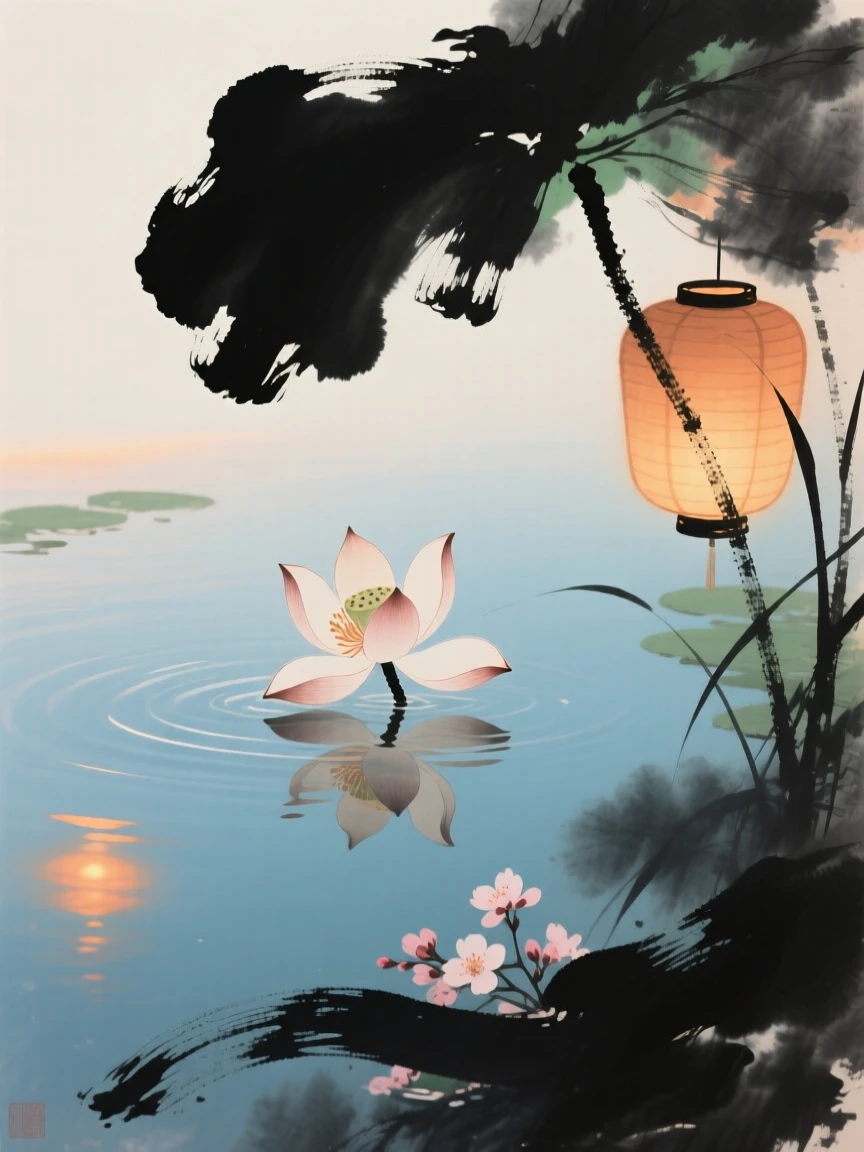 A single blossom floating on the surface of a still pond, in a warm breeze carrying the scent of blossoms, as lanterns are lit for the evening.