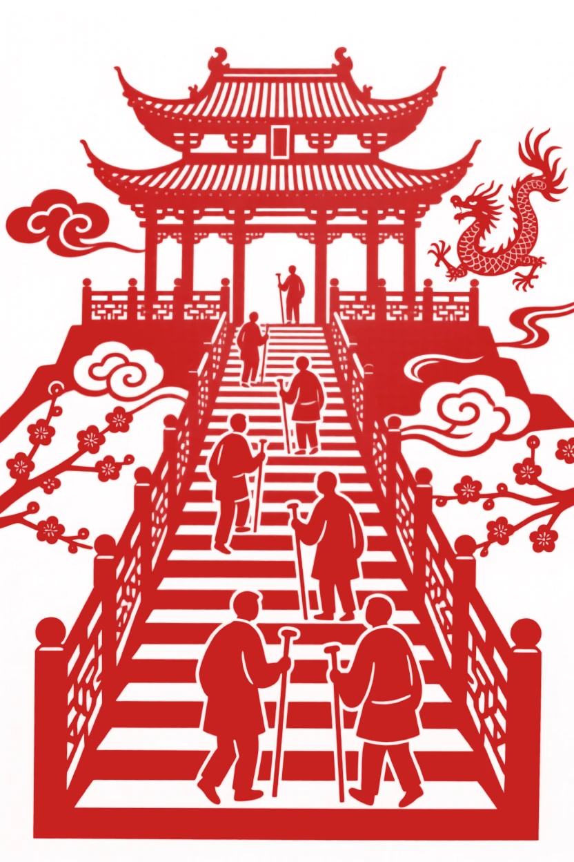 A grand staircase ascending toward a mountaintop temple, pilgrims climbing slowly with walking sticks