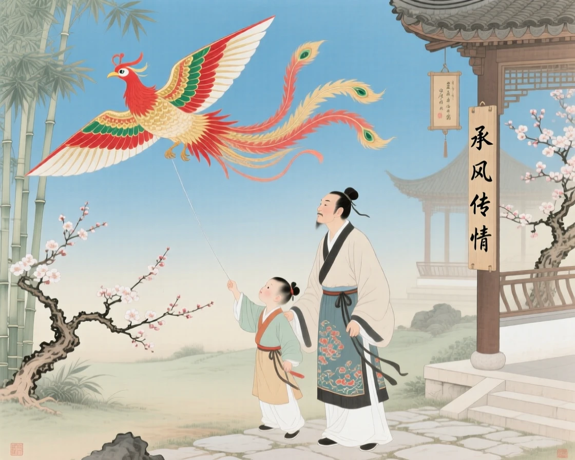 A father and son flying a phoenix-shaped kite together
