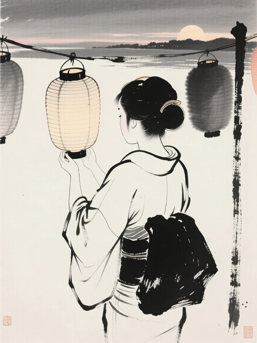 A woman hanging lanterns for an evening festival, seen from behind, gazing out toward the horizon, capturing an everyday moment full of gentle humanity.