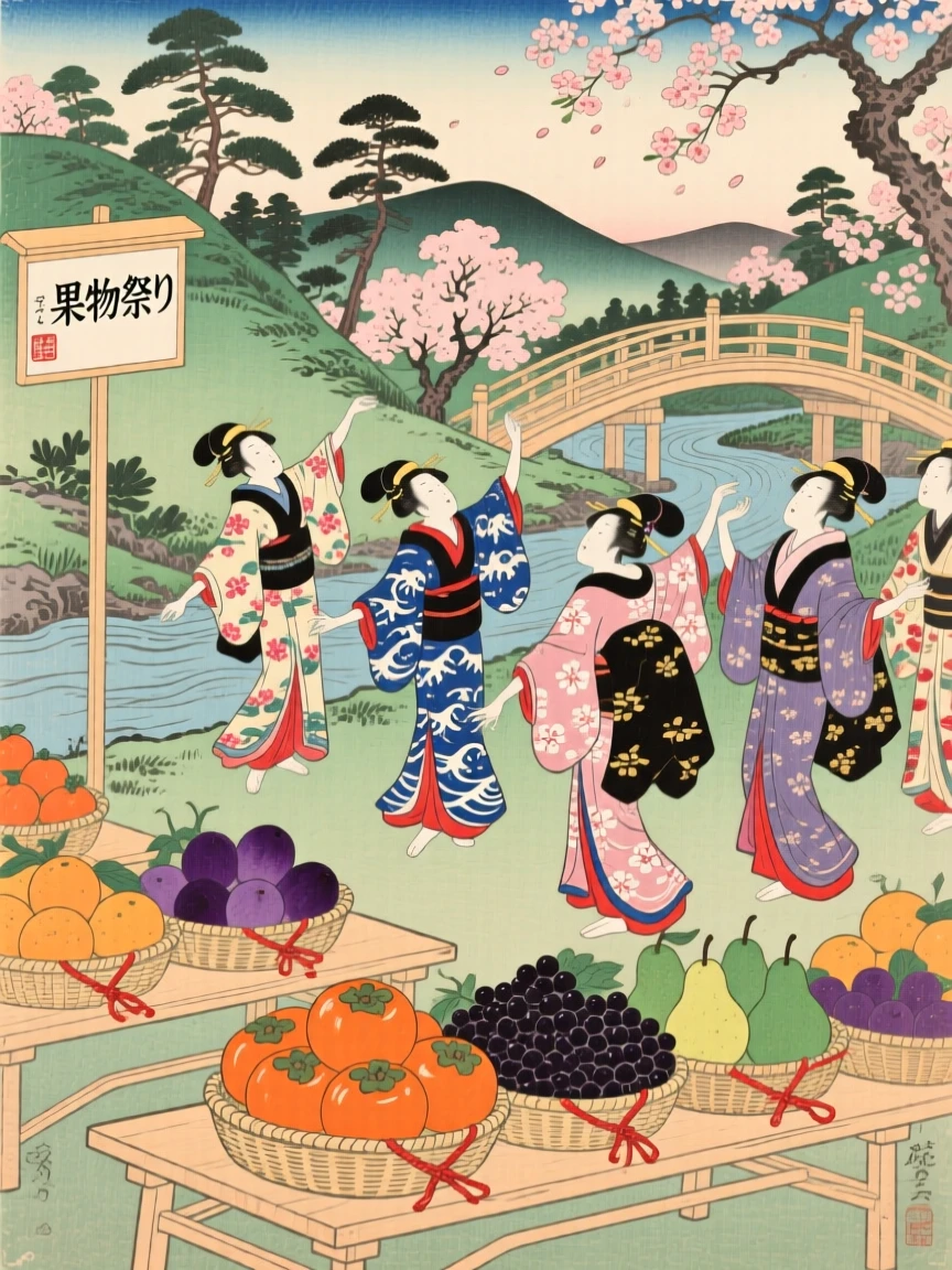 Costumed dancers with baskets of fruit piled high on tables.