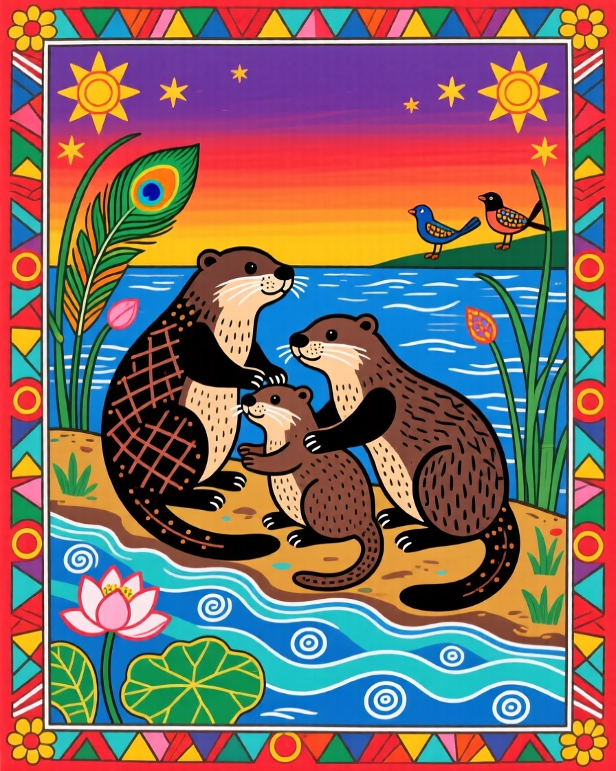 A family of otters grooming each other on a riverbank at dusk.
