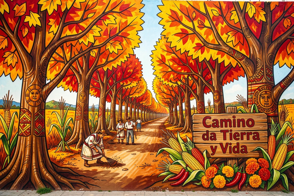 A country lane lined with fiery autumn foliage