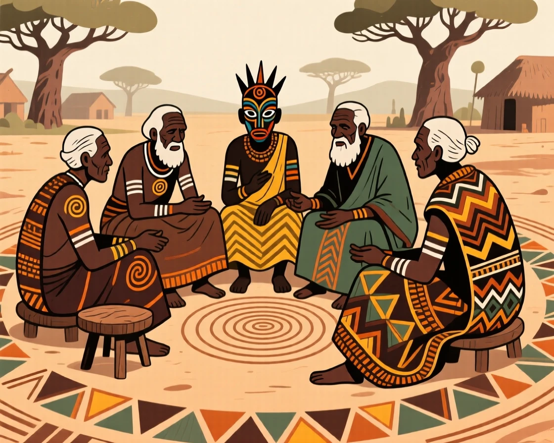 A group of elders seated in a circle discussing village matters.