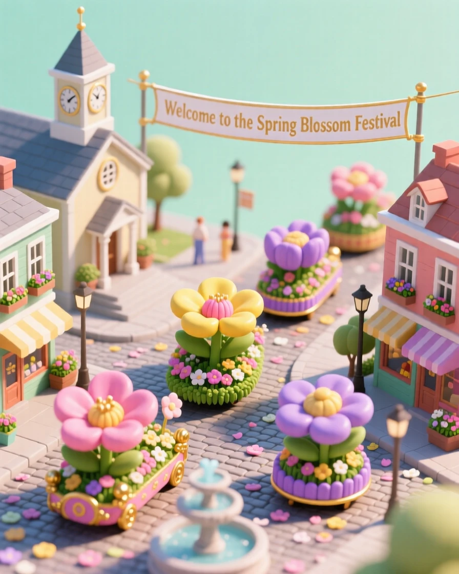 A spring flower festival with elaborate floral floats parading through a town, petals scattered along the street.