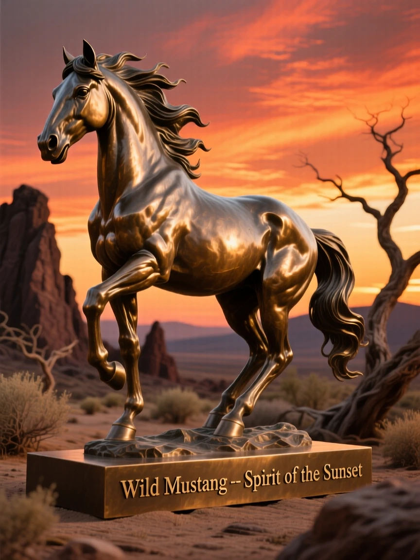 A wild mustang standing against a fiery sunset, framed by dramatic natural scenery, evoking wonder and majesty
