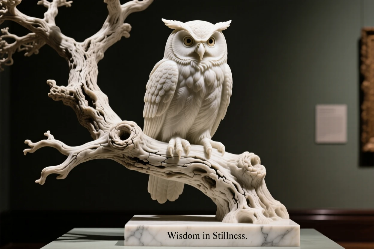 A vivid, emotionally rich scene of a wise old owl perched in an ancient oak, captured with cinematic depth and detail, designed to captivate and inspire