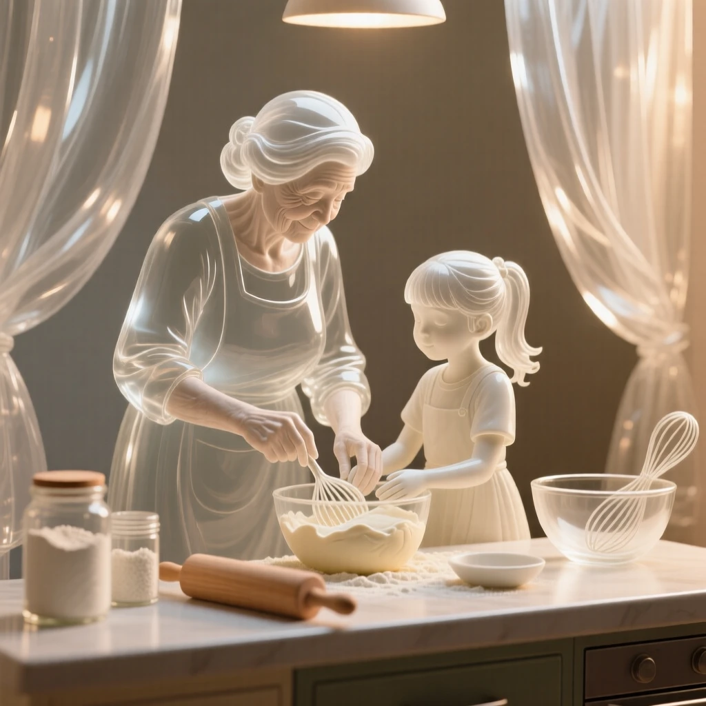 A grandmother teaching her granddaughter to bake in a warm kitchen as a soft breeze stirs the curtains nearby, while a warm light settles over the whole scene