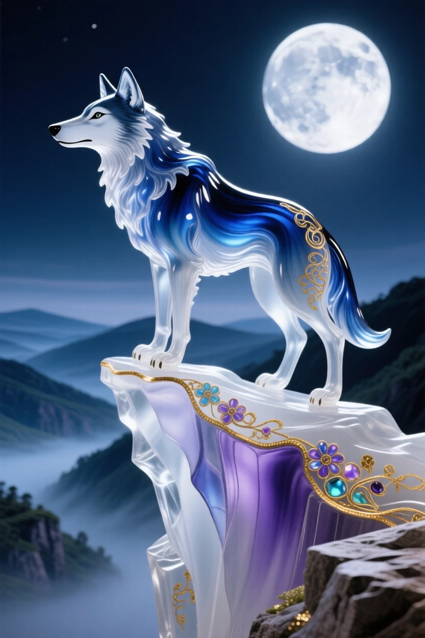 A lone wolf standing sentinel atop a moonlit cliff overlooking a valley, watchful and majestic.
