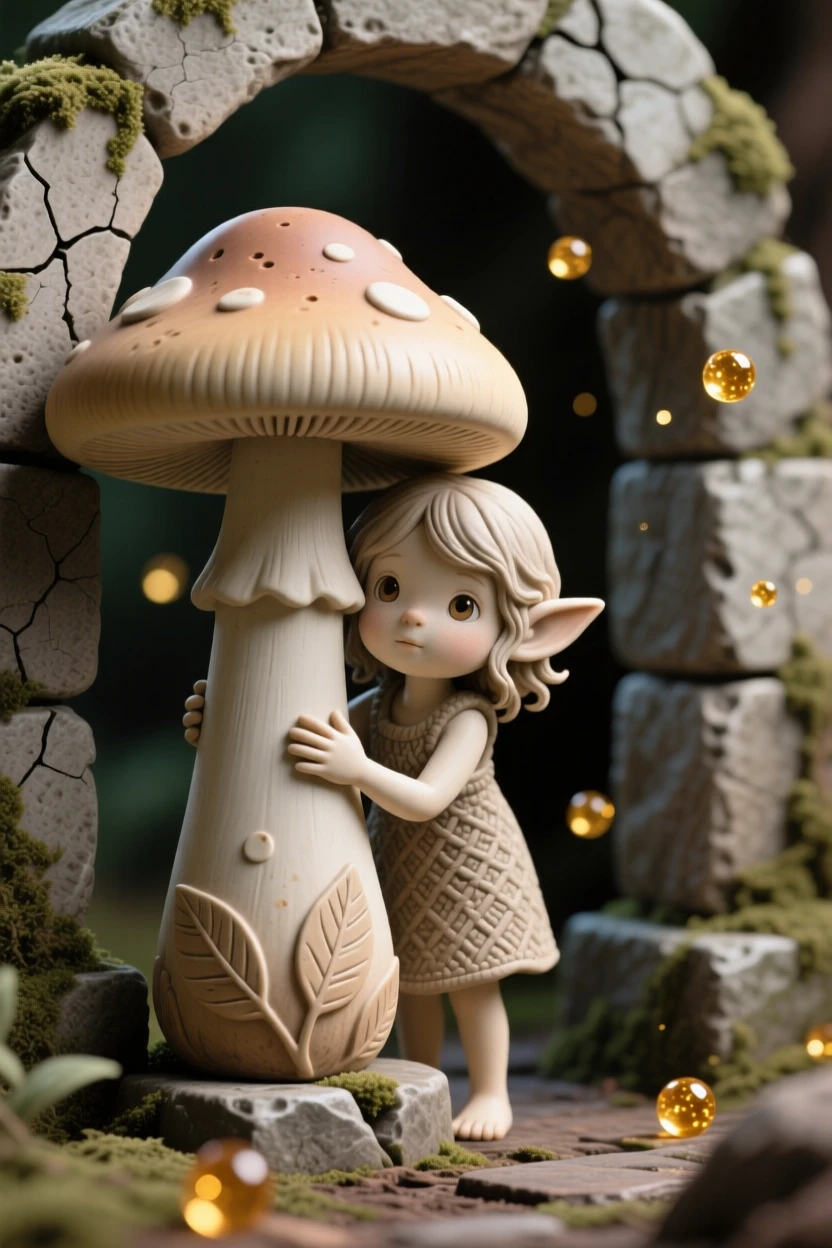 A small forest sprite peeking from behind a mushroom standing guard beside an ancient stone archway, surrounded by drifting motes of golden light, capturing the enchantment of forgotten legend.