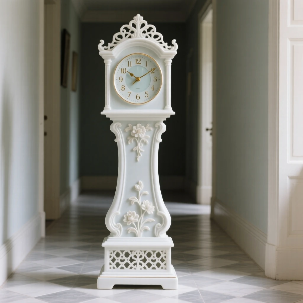 An elegant grand grandfather clock in a quiet hallway, displayed as the centerpiece of a quiet room.