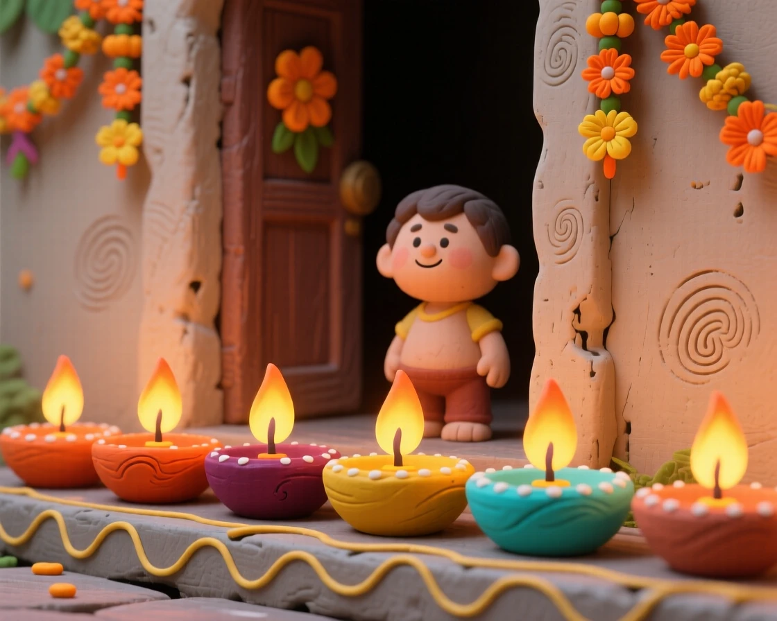 A colorful Diwali display of oil lamps lining a doorway