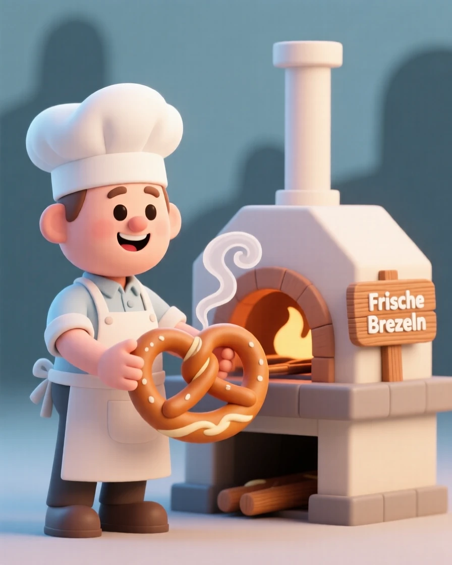 A cheerful German baker pulls a fresh pretzel from a wood-fired oven, steam curling into the morning air.