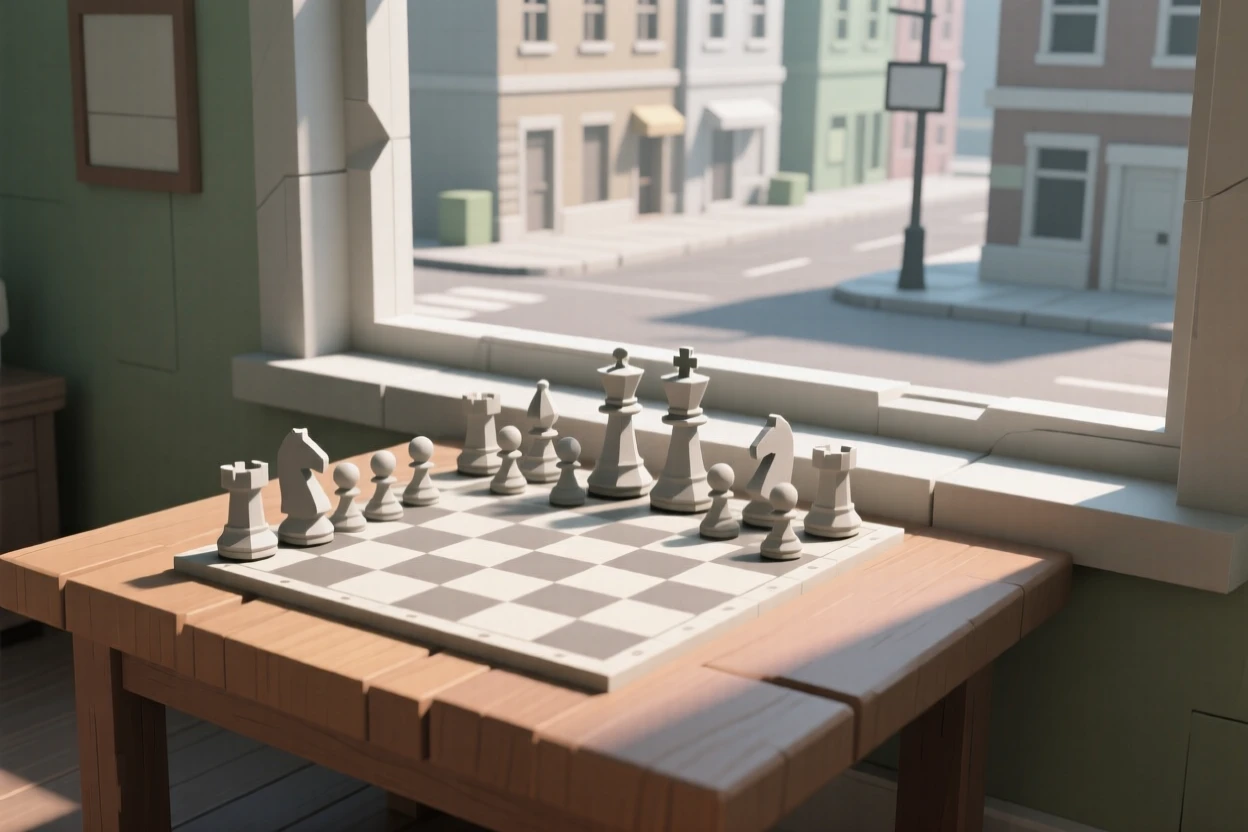 A chess set mid-game on a wooden table, on a windowsill overlooking a quiet street. soft directional light creates gentle shadows. The scene feels nostalgic and quiet.