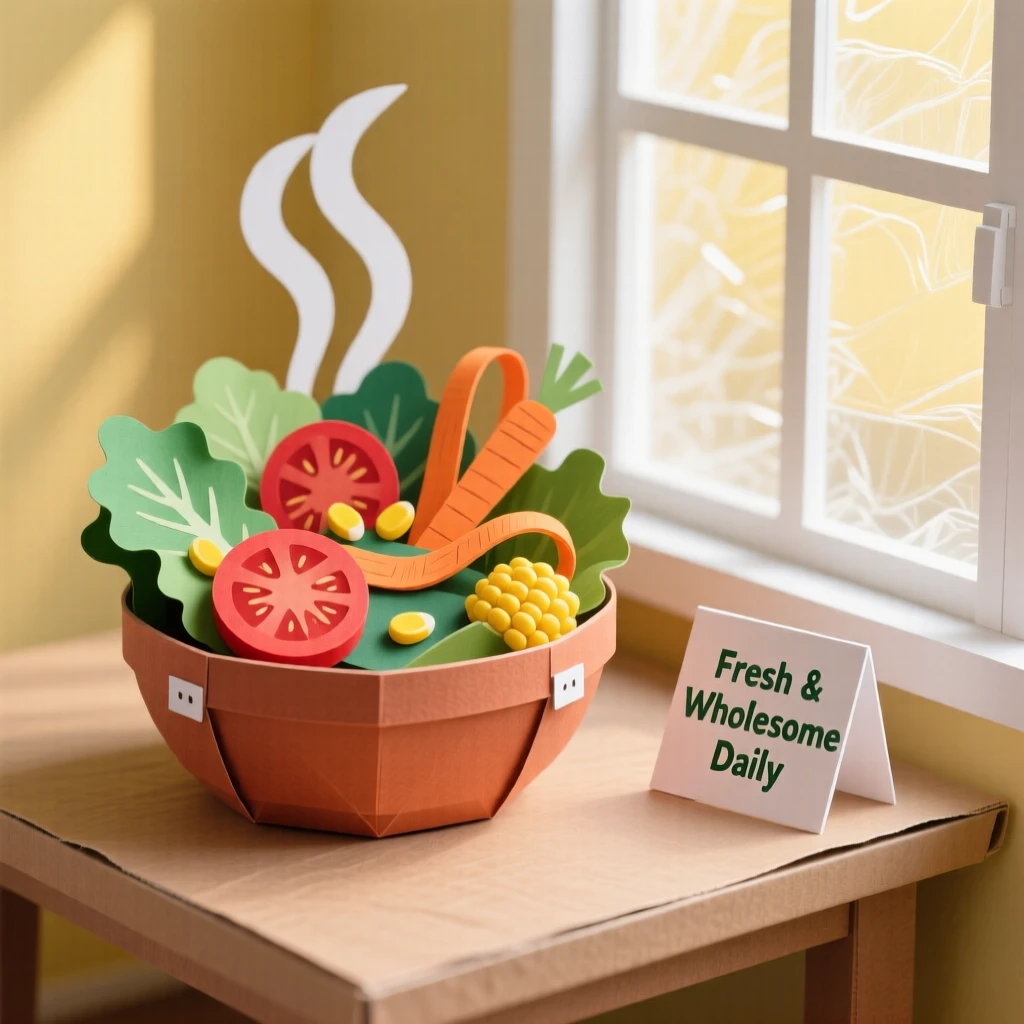 A vibrant bowl of fresh salad arranged beside a sunlit window, with steam rising gently into soft light, conveying fresh, wholesome appeal.