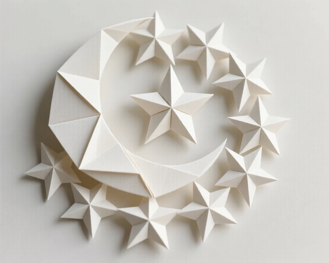 An elegant crescent moon and star cluster forming a balanced circular design.