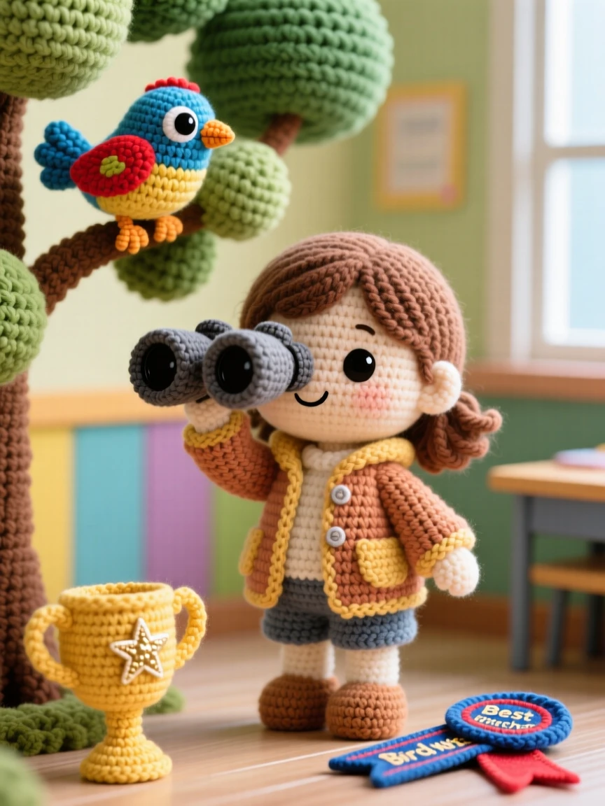 A cheerful scene of a little girl birdwatching with binoculars wrapped in a cozy jacket, spotting a colorful bird in the treetops within a bright classroom corner set up for a project; a small trophy or ribbon nearby nearby, full of joyful discovery and playful learning.