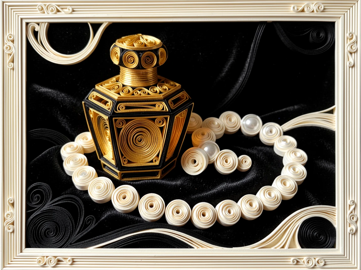 A sophisticated luxury scene of a perfume bottle beside a strand of pearls in a plush velvet-lined boutique, in a rich palette of black, gold, and ivory, framed with a clean, minimal, high-end aesthetic.