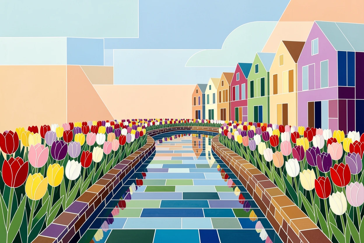 A colorful array of spring tulips lining a quiet canal in Amsterdam.