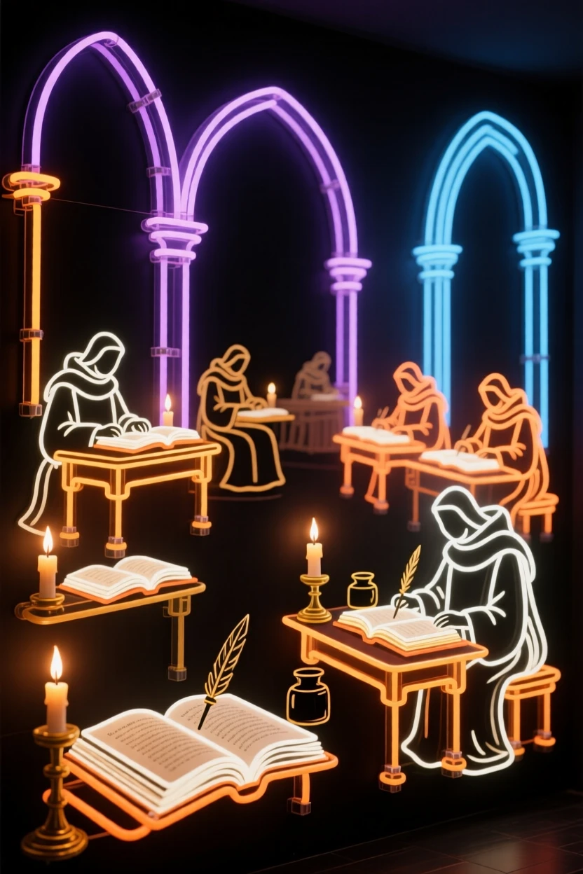 A wide historical scene depicting a group of monks copying manuscripts in a candlelit scriptorium.