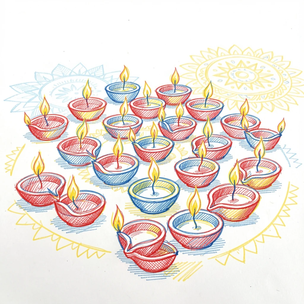 A vibrant Diwali celebration with rows of glowing oil lamps