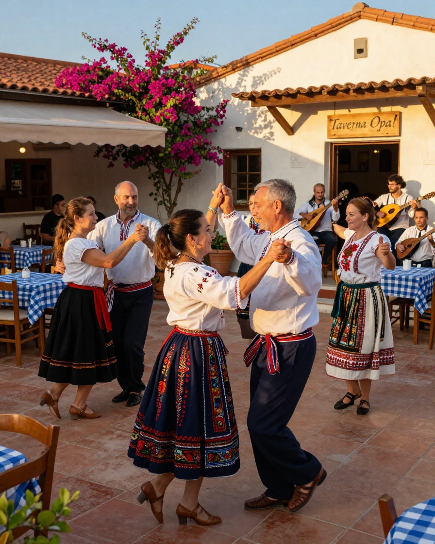 A traditional Greek dance circle at an outdoor taverna