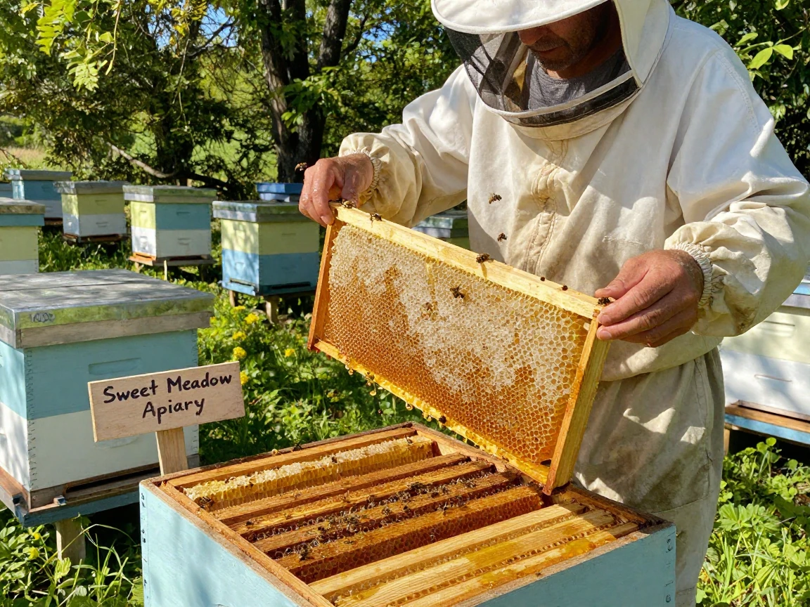A beekeeper checks a frame dripping with honey inside a sunlit apiary.