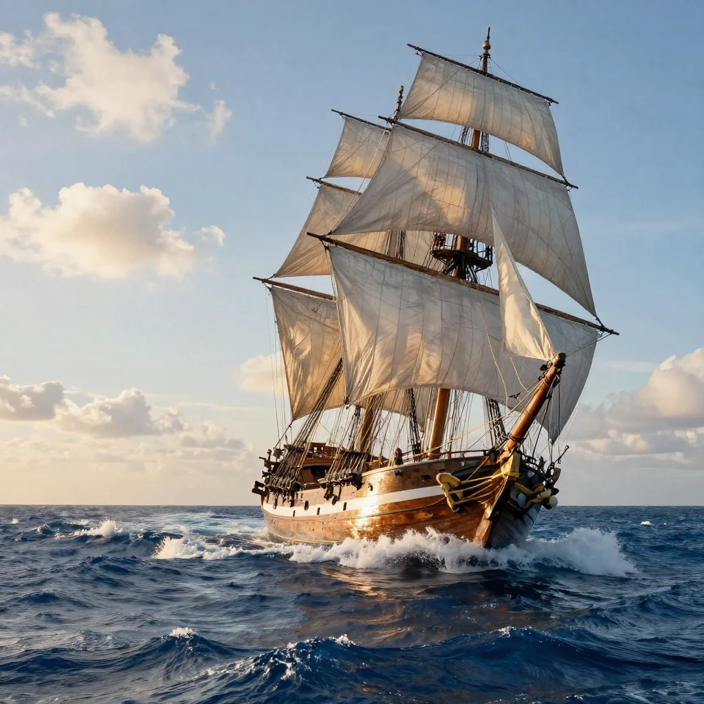 A tall ship with billowing white sails cutting through rolling ocean waves