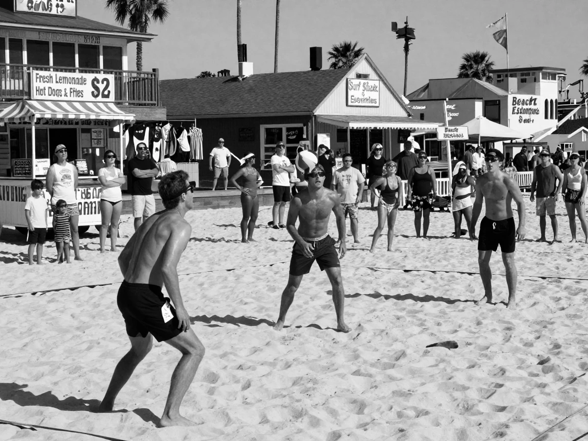 A beach volleyball match draws a lively crowd of spectators beside a busy boardwalk.