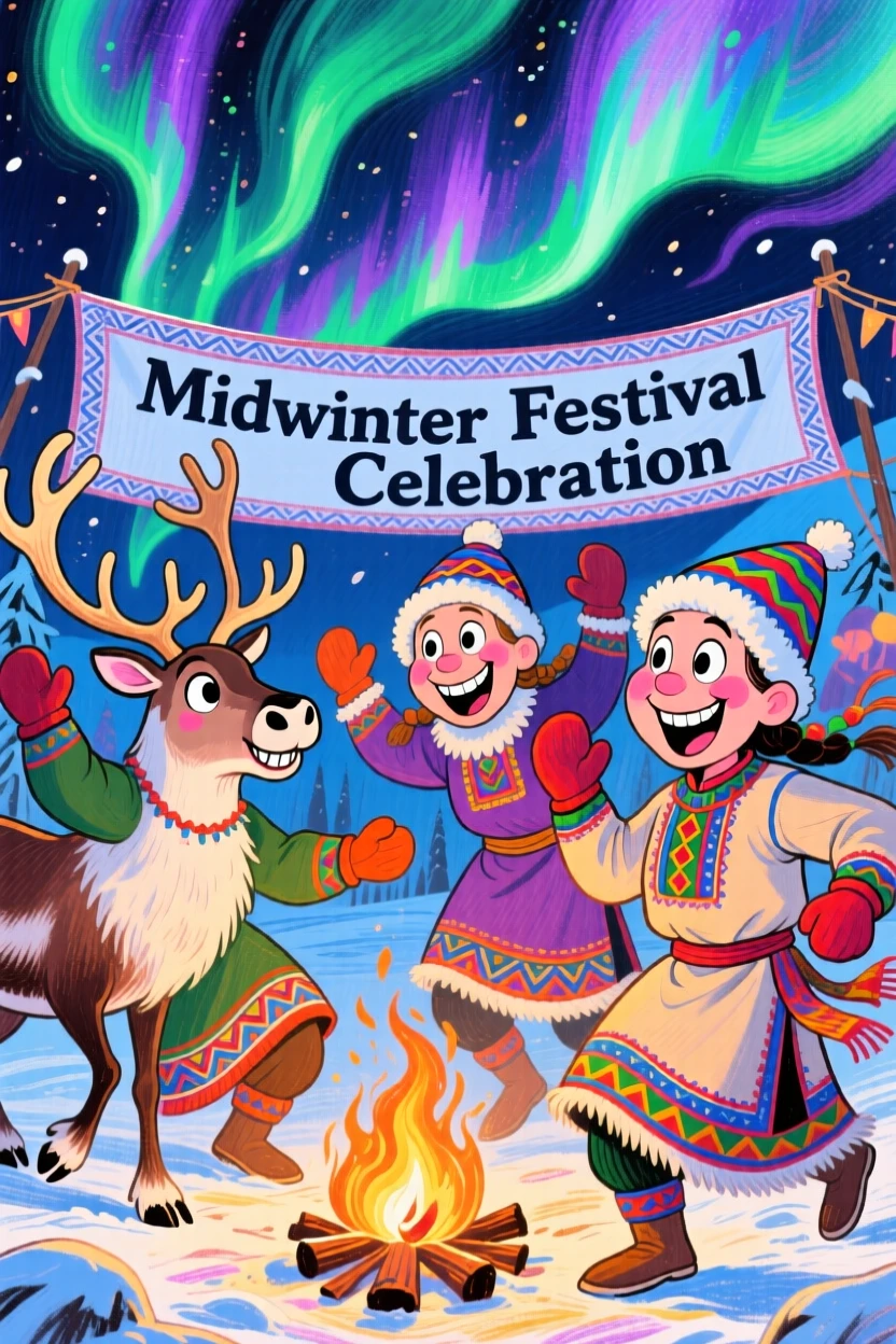 Traditional Sami reindeer herders celebrating a midwinter festival beneath the northern lights.
