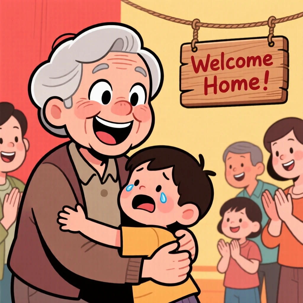 A heartwarming moment depicting a proud grandparent reuniting after years apart, surrounded by loved ones cheering quietly.