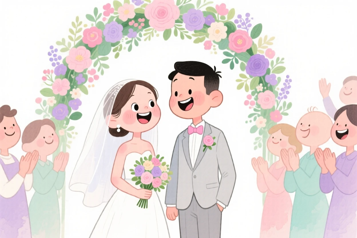 A joyful celebration scene of a wedding scene with a couple under a floral arch, bursting with color and joy