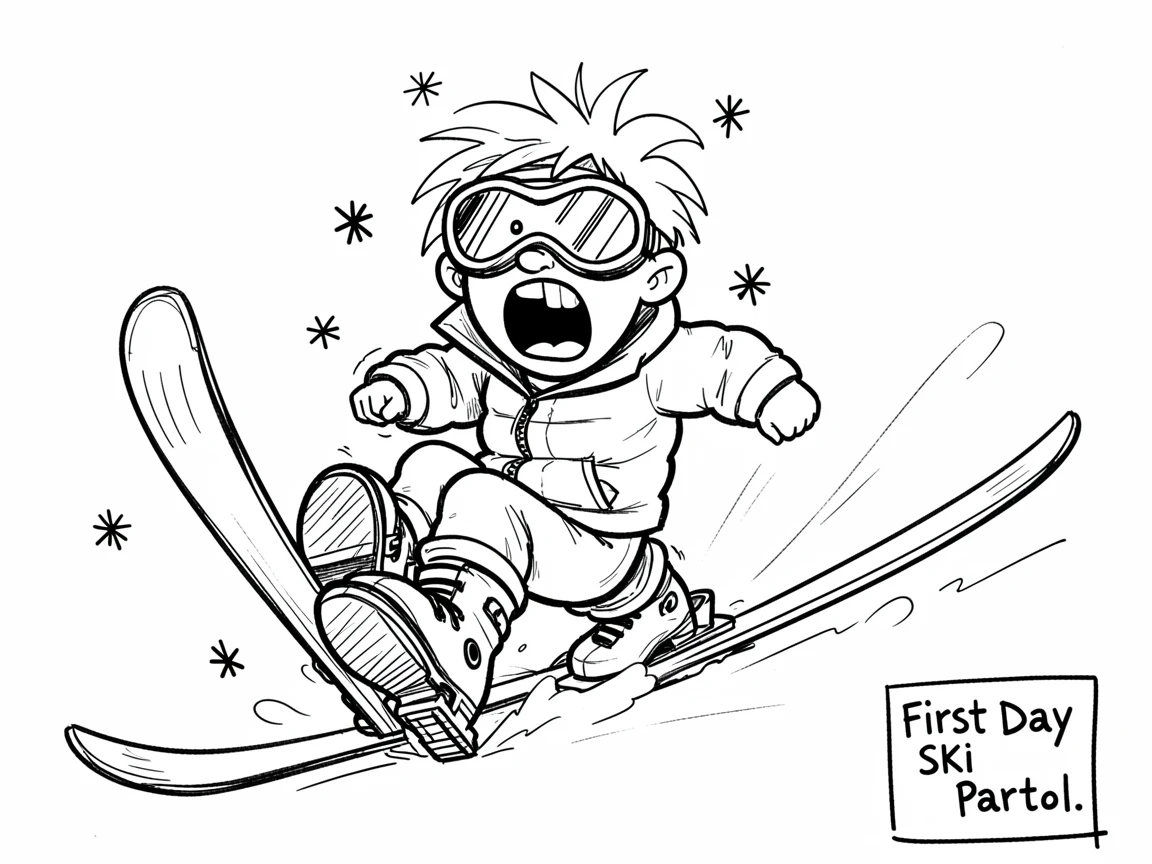 [Funny & Exaggerated Situations] Comical scene of a panicked first-time skier tripping over their own feet, exaggerated for maximum laughs
