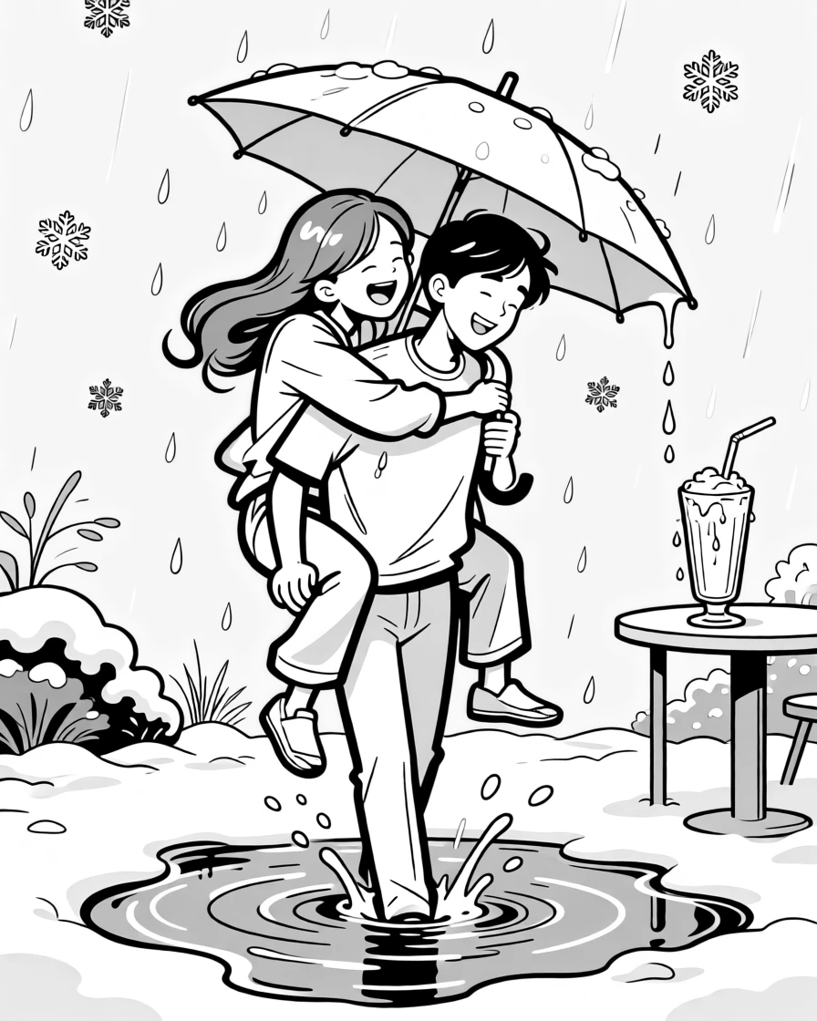 A couple piggybacking through a rain puddle, huddling close as the umbrella tips sideways, set in a snow-covered backyard. The milkshake glass sweats condensation onto the table. It captures romance in its most playful, everyday form.