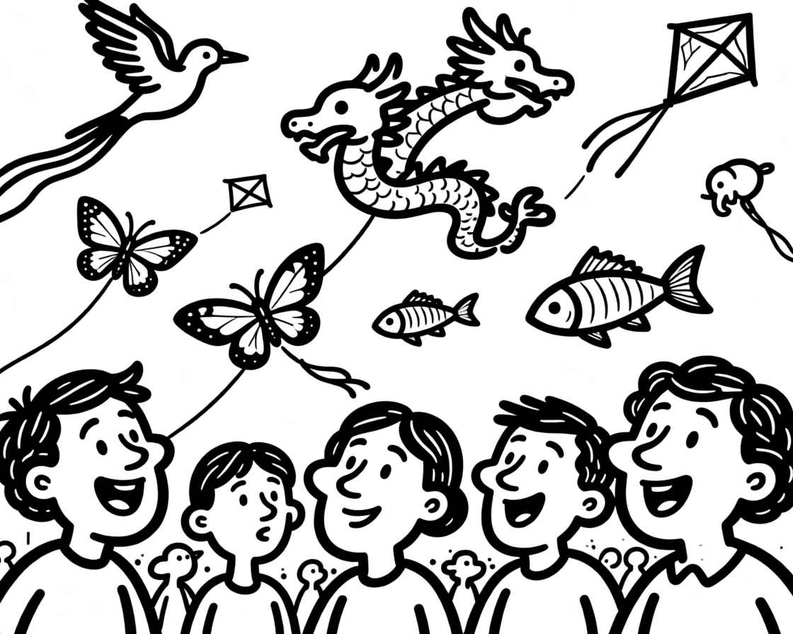 A colorful kite festival with dozens of kites in the shape of animals filling the sky.